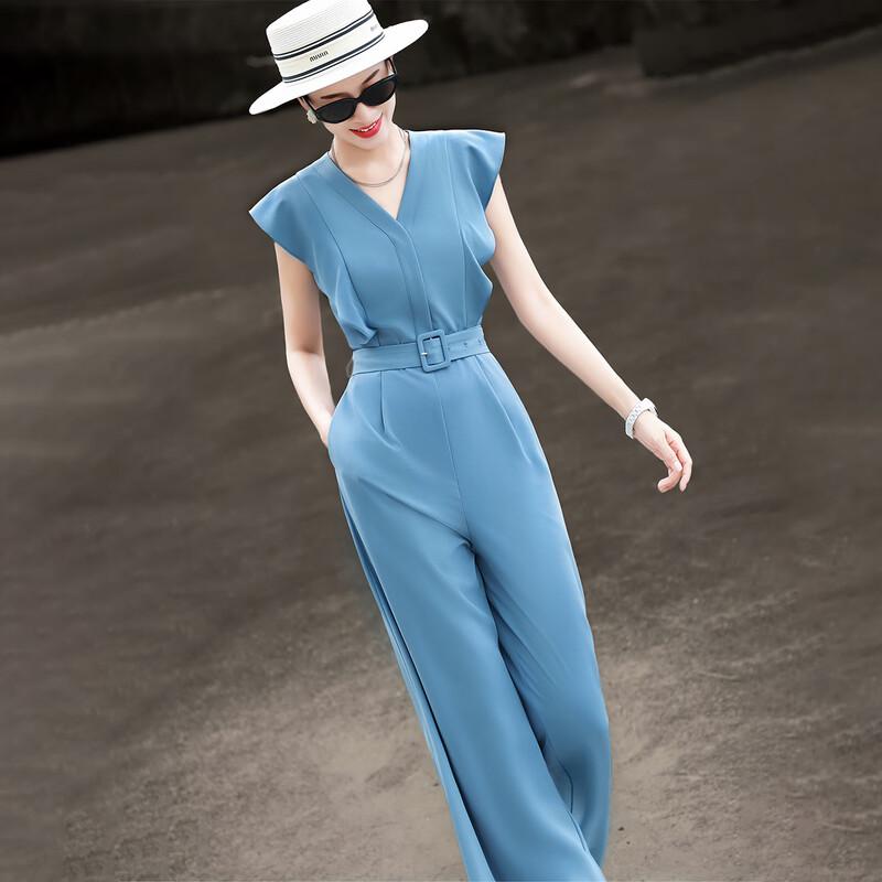 Lanseer Summer Blue V-Neck Wide-Leg Jumpsuit XL