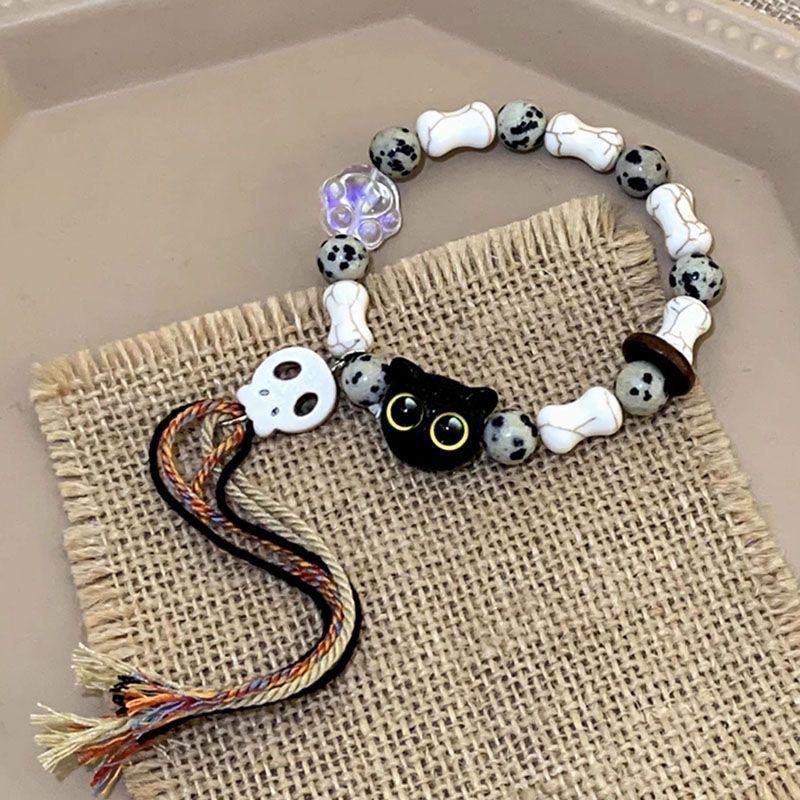 

Skeleton Cat Ceramic Woven Rope Bracelet - Women s Unique Design, Sweet and Cool Fringe, Colorful Pendant, Handcrafted Jewelry Skeleton