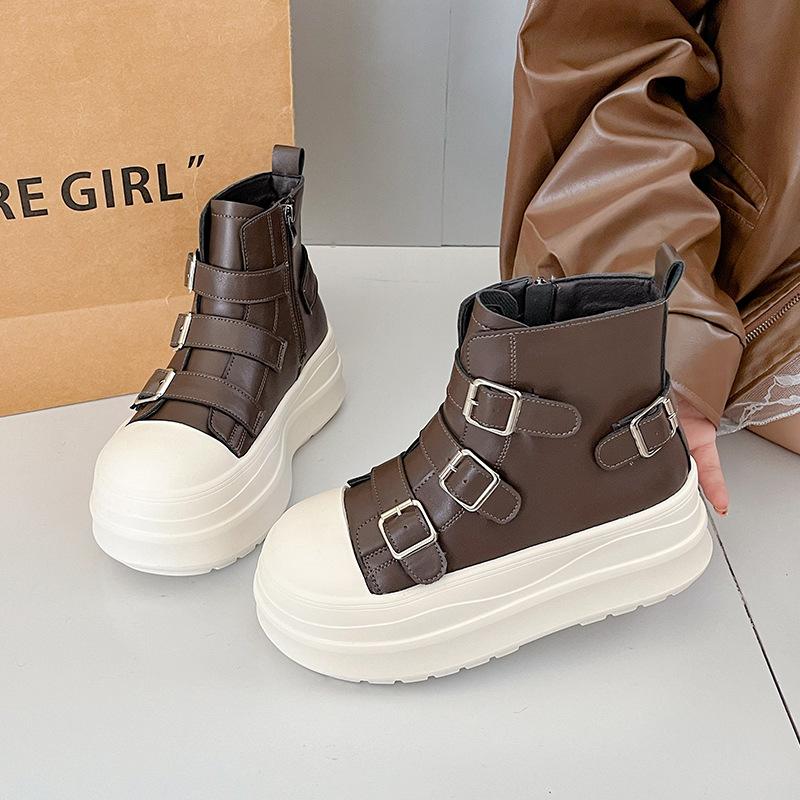 European big-headed thick-soled Martin boots for women's 2025 autumn new soft leather British style belt buckle recreational locomotive short boots