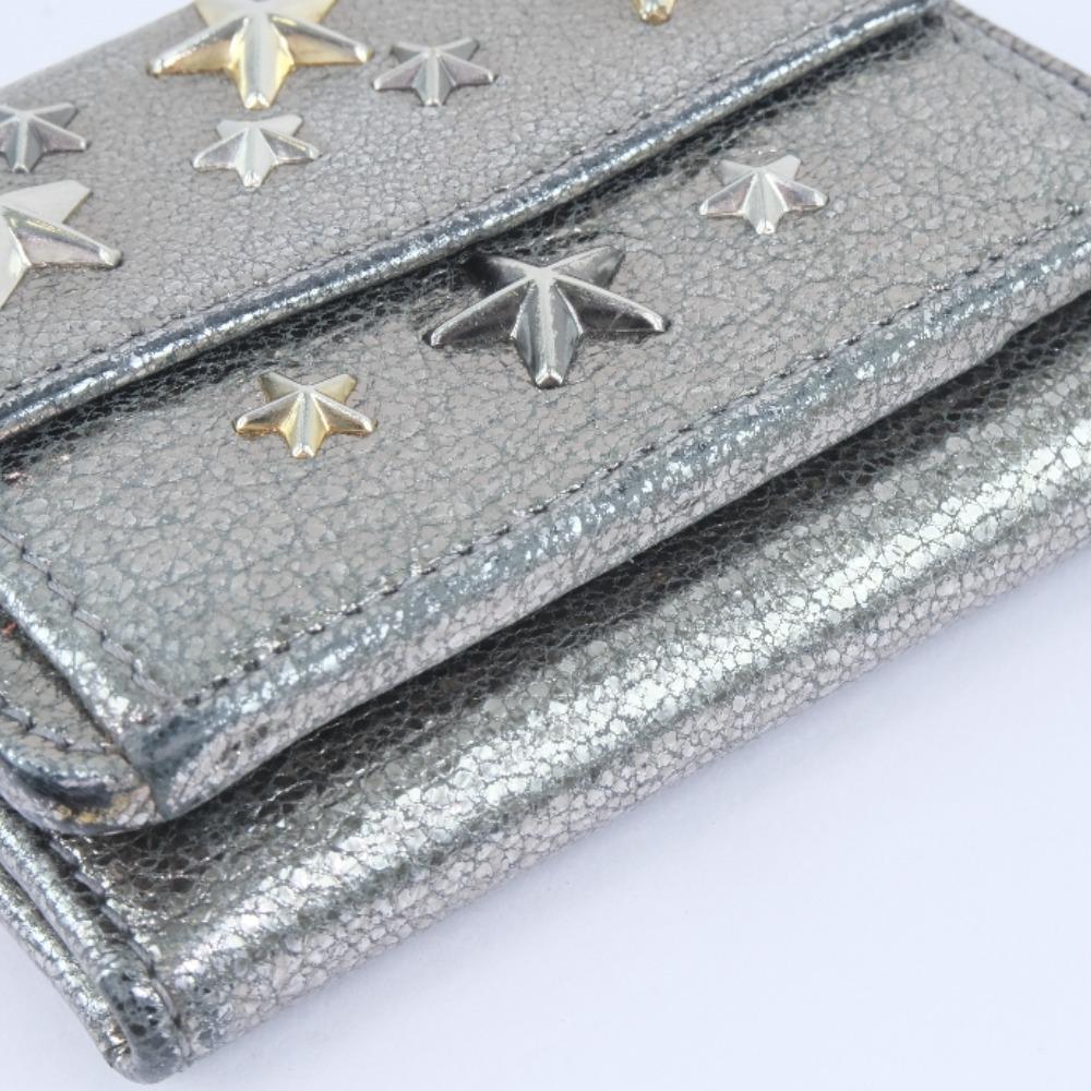 Jimmy Choo Star Studs Tri-fold Wallet Metallic Silver Calfskin Women Used