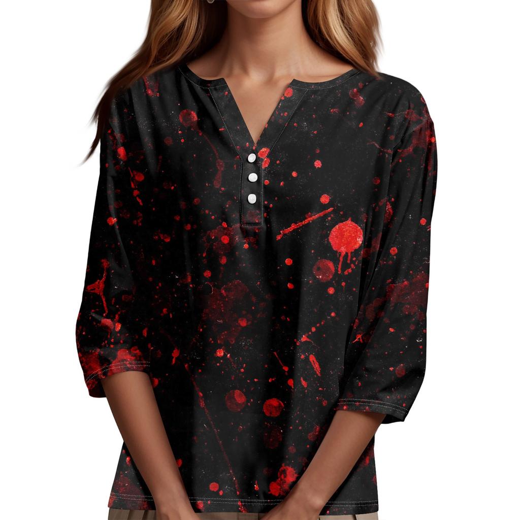 Damesmode Casual Halloween Print V-hals Korte Mouw Decoratieve Knop Driekwart Mouw T-shirt Top