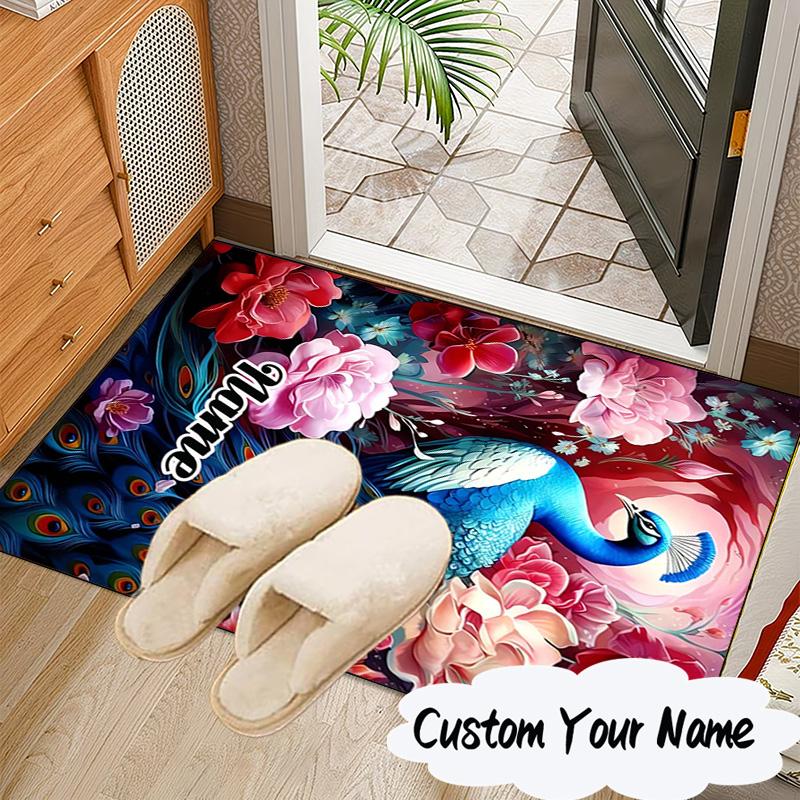 Custom Name Peacock Flowers Romance Rug for Living Room, Game Rooms, Office, Bedroom, Floor Mat Playful Design, Fan Gifts Christmas Decor