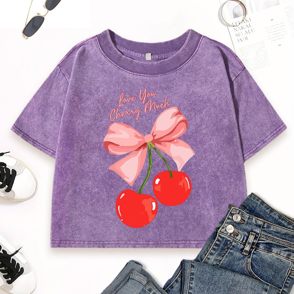 I Love You Very Much Cherry Print Washed Crop T Shirts Women Y2K Cotton T-Shirt Crewneck Casual Top Street Slim Short Sleeve