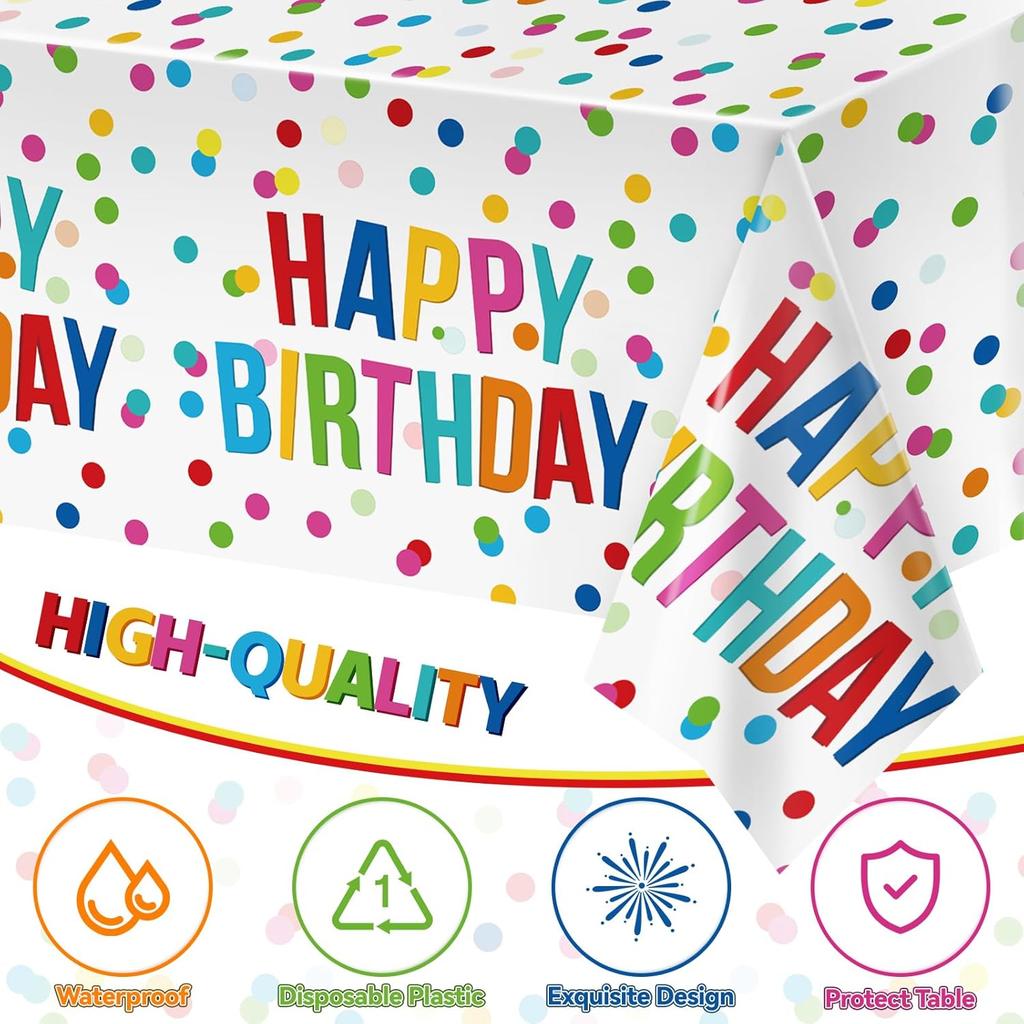 3pcs Birthday Tablecloth, Happy Birthday Decorations Set, Colorful Rainbow Dots Design with Happy Birthday Tablecloth. Waterproof Plastic Table