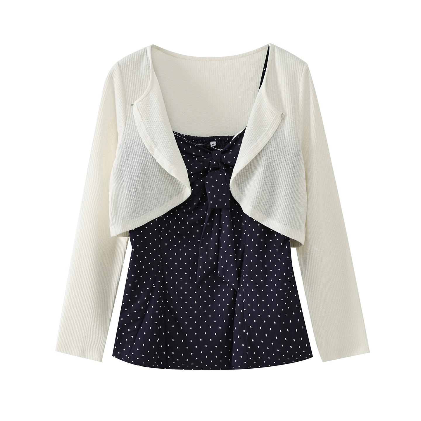 Plus Size Polka Dot Bow Spaghetti Strap Spring Cardigan Two-Piece Set 4XL (191-220 jin) грязно-белый
