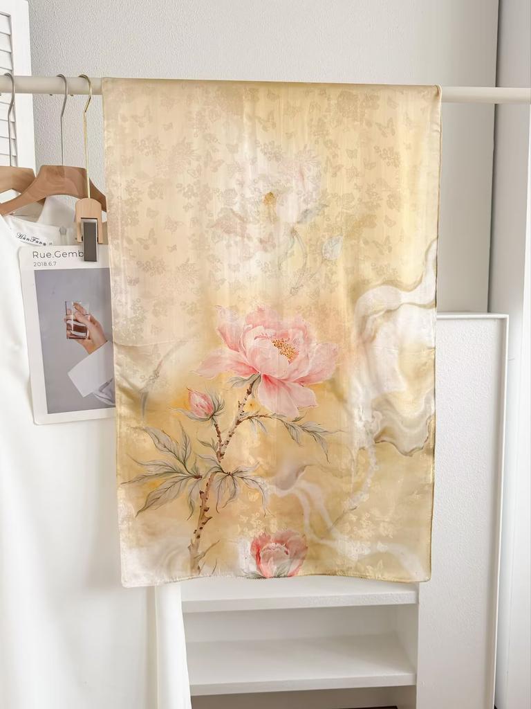 New Sangbo Satin Silk Long Scarf New Chinese Printed Silk Scarf Women's Spring and Summer Versatile Sunscreen Shawl Gift Accessories