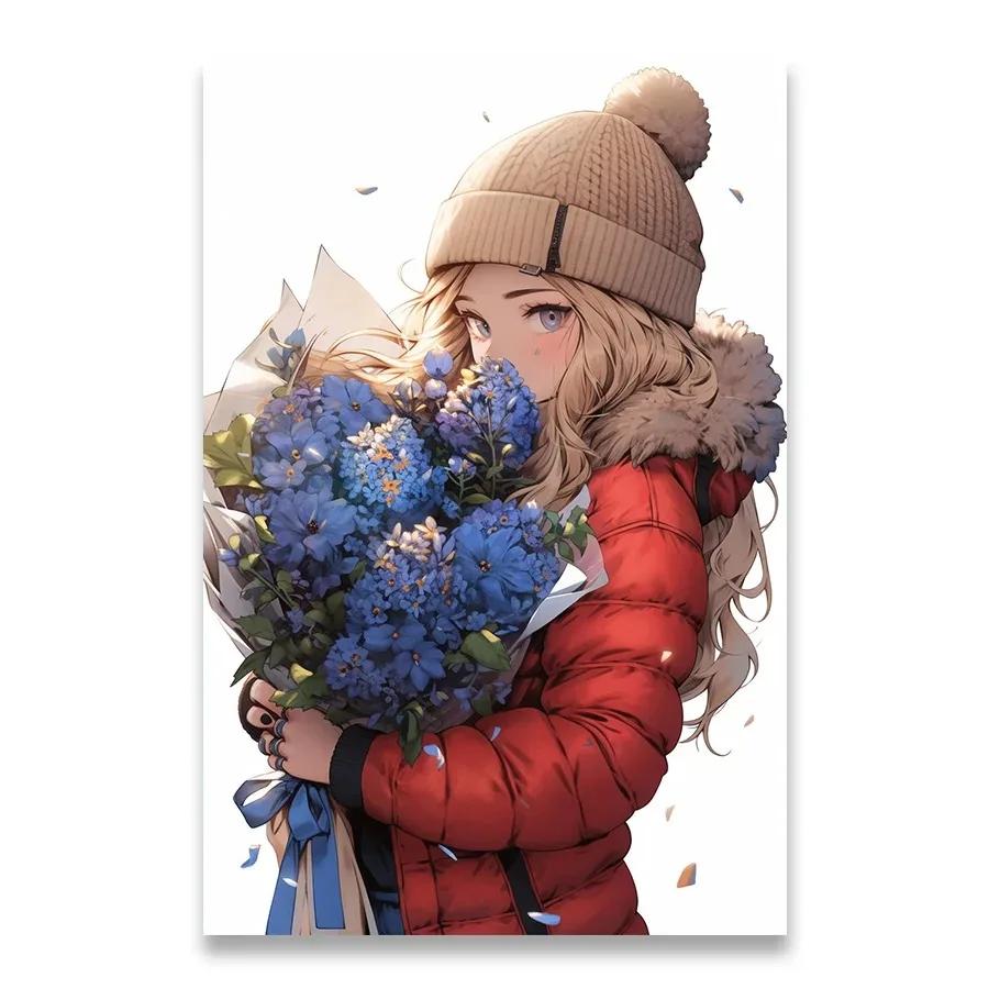 A Girl Who Loves Flowers Decorative Painting Minimalist Aesthetics Print Canvas Painting for Living Room Modern Home Decor