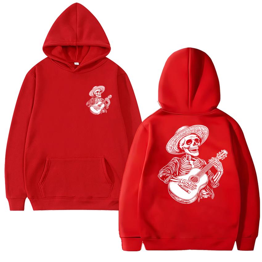 Guitar Player Skull Skeleton Gift Double Sided printed Black streetwear Men women hip hop Casual Hoodies Unisex Fleece pullovers