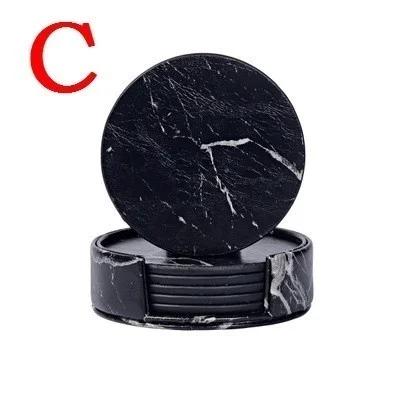 6 Pcs Home Kitchen Marble Pattern Cup Coaster Creative Round Edge Cup Mat Drink Mat Pu Leather Cup Pad Thermal Insulation