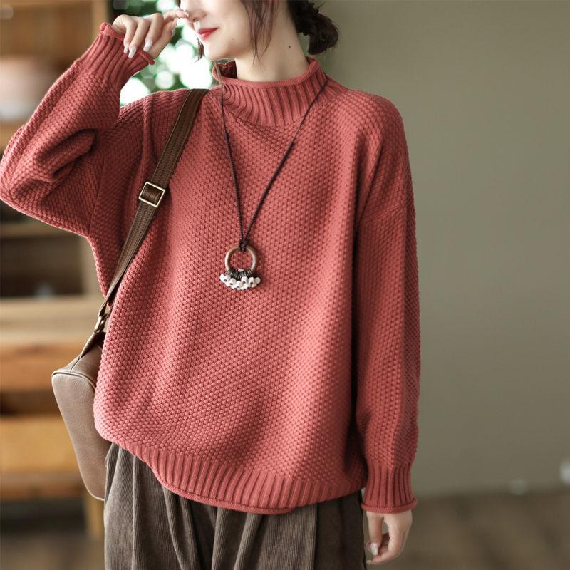 Maglione Lavorato a Maglia Autunno Inverno da Donna Taglie Forti Stile Coreano Top Ampi Mezzo Collo Alto Maglia Base Ampia Pullover