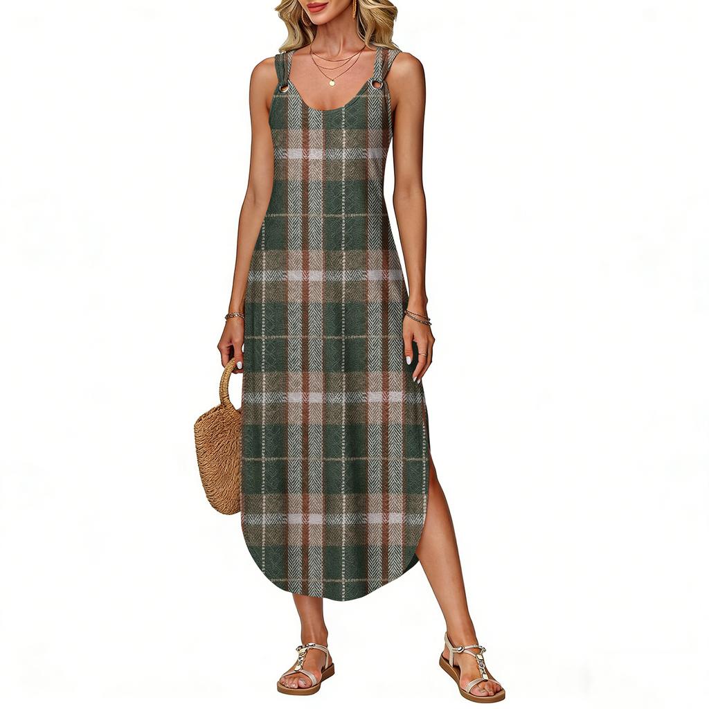 Women's Summer Long Dress, Sleeveless with Side Slits, Long Plaid Printed Vest Dress