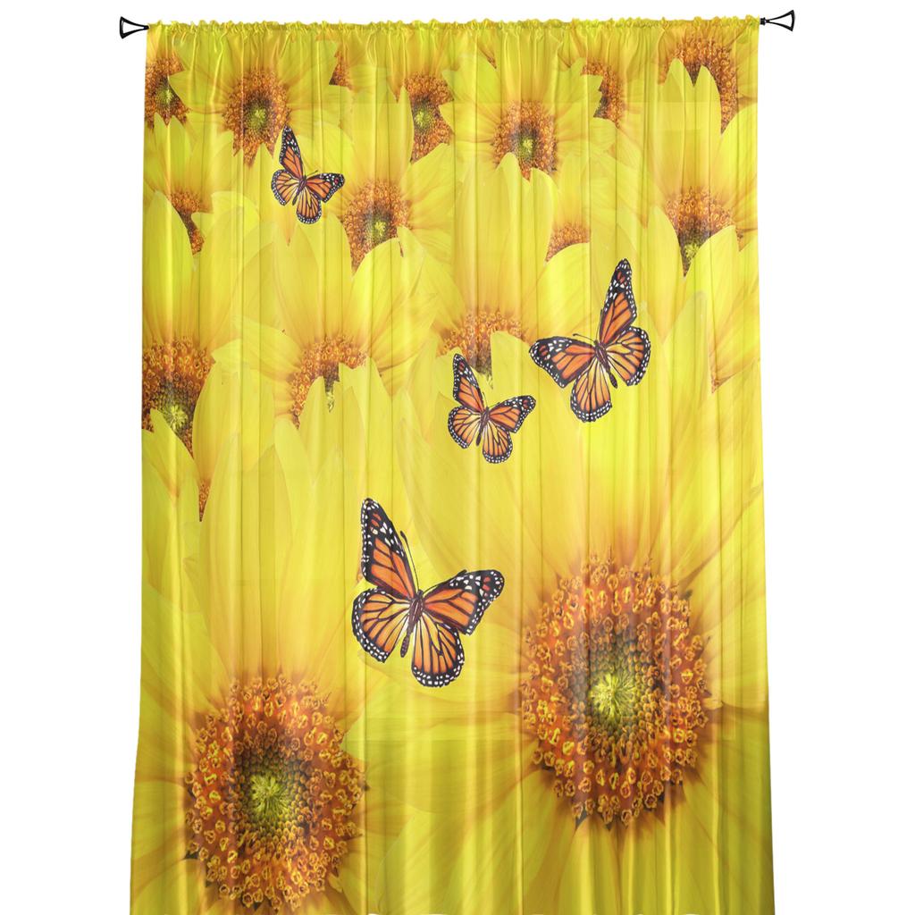Yellow Sunflower Butterfly Plant Tulle Sheer Window Curtains for Living Room Kitchen Children Bedroom Voile Hanging Curtain