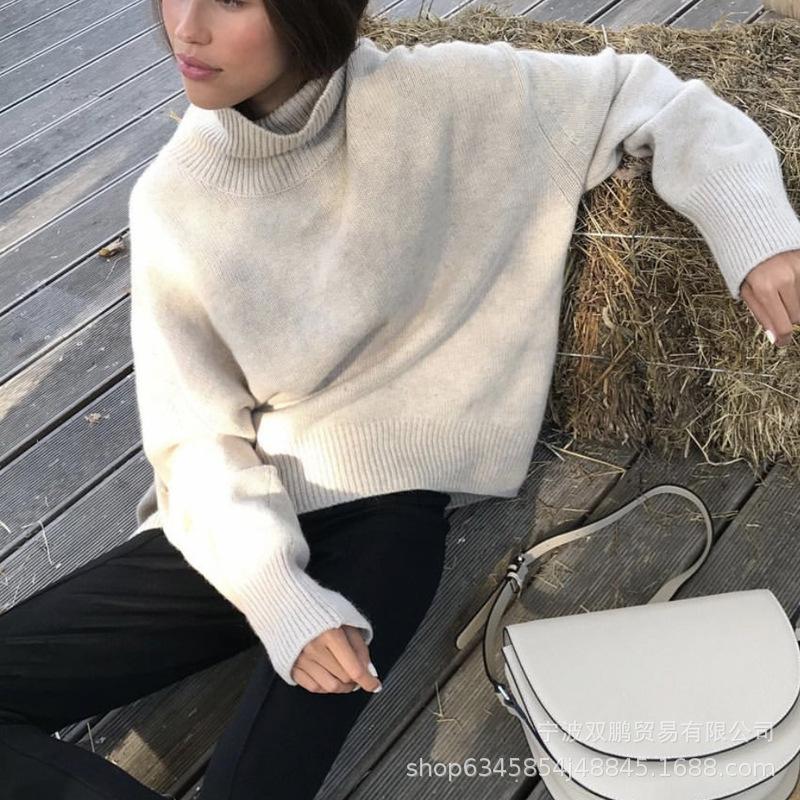 Russia Hot Sale Solid Color Women's Knitted Pullover Turtleneck Loose 066
