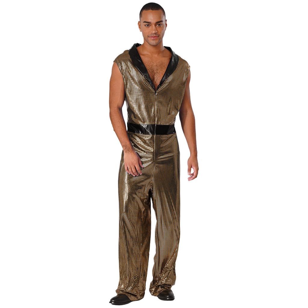 Retro 1920s Disco Outfit for Men M-3XL Metallic Shiny Plaid V Neck Lapel Sleeveless Wide Leg Jumpsuit for Club Rave Stage