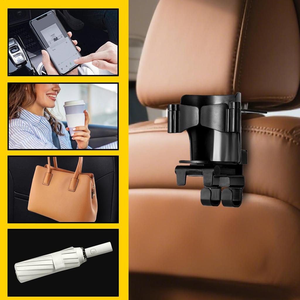 Back Seat Cup Holder Car Seat Headrest Hooks with Foldable Phone Holder Anti-Slip Organizer Storage for Commute Daily Drive Road