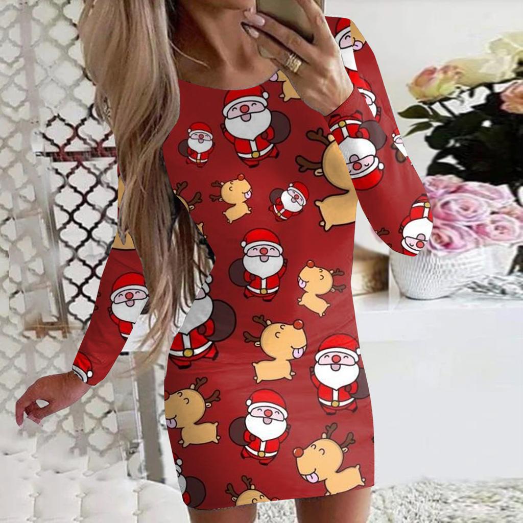 Women Christmas Print Dresses For Winter Year Cute X-Mas Tree Print Long Sleeve Dress Casual O-Neck Bodycon Mini Dress
