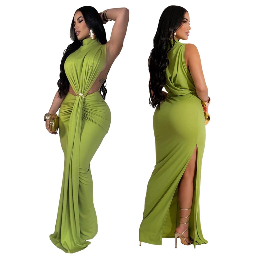 European & American Women's Sexy Sleeveless Solid Color Side Slit Dress - New Fashion Skirt