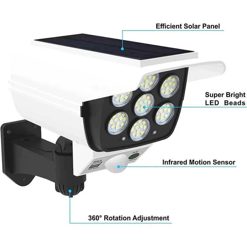 Solar Light Motion Sensor Security Dummy Camera Wireless Outdoor Flood Light IP65 Waterproof 77 LED Lamp 3 Mode for Home Garden