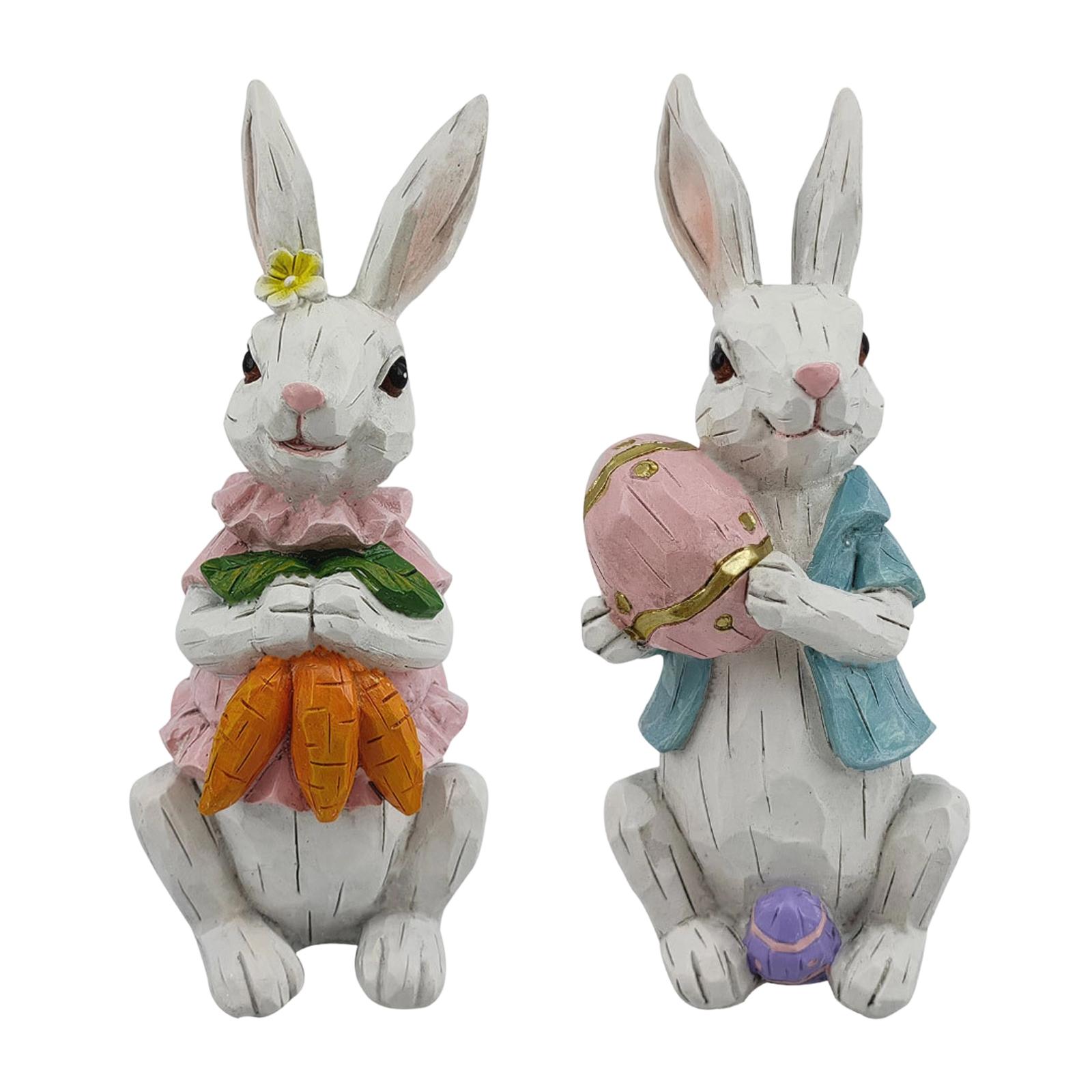 Two Easter Bunnies Holding Carrots And Eggs, Creative Resin Craft Desktop Decorations. One Size