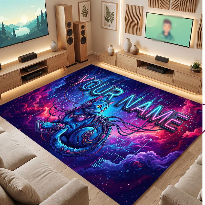 Cat Theme Crystal Velvet Floor Rug Personalized Custom Name Text Warm Carpet Home Decoration