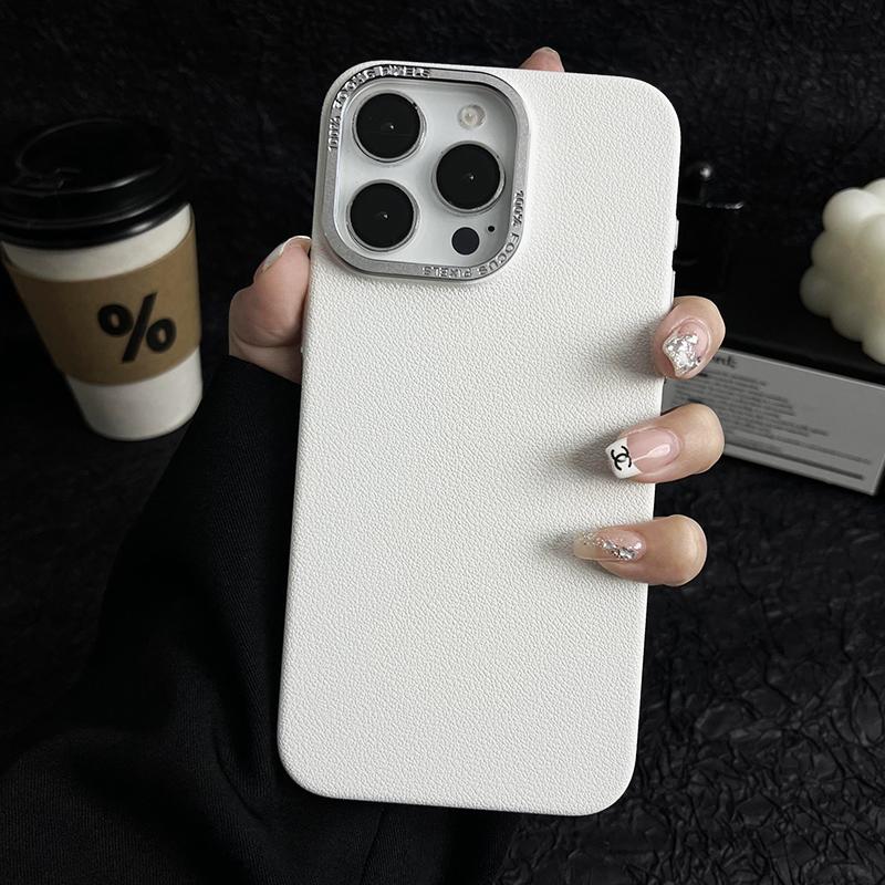 Matte Titanium gray Lichee leather pattern phone case for iPhone 16 15 14 13 12 11 Pro Max metal lens frame shockproof hard case