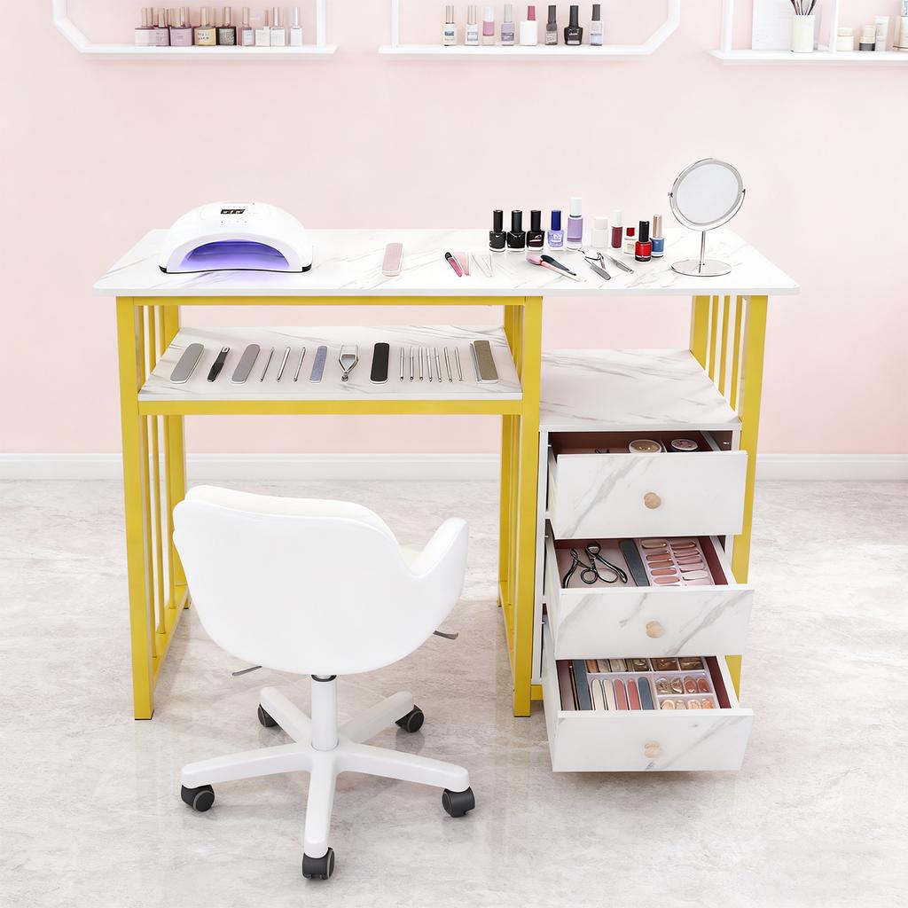 Marbling Texture Manicure Desk with 3 Drawers, Sturdy Manicure Table for Nail Salon Home Use, Nail Desk with Spacious Tabletop