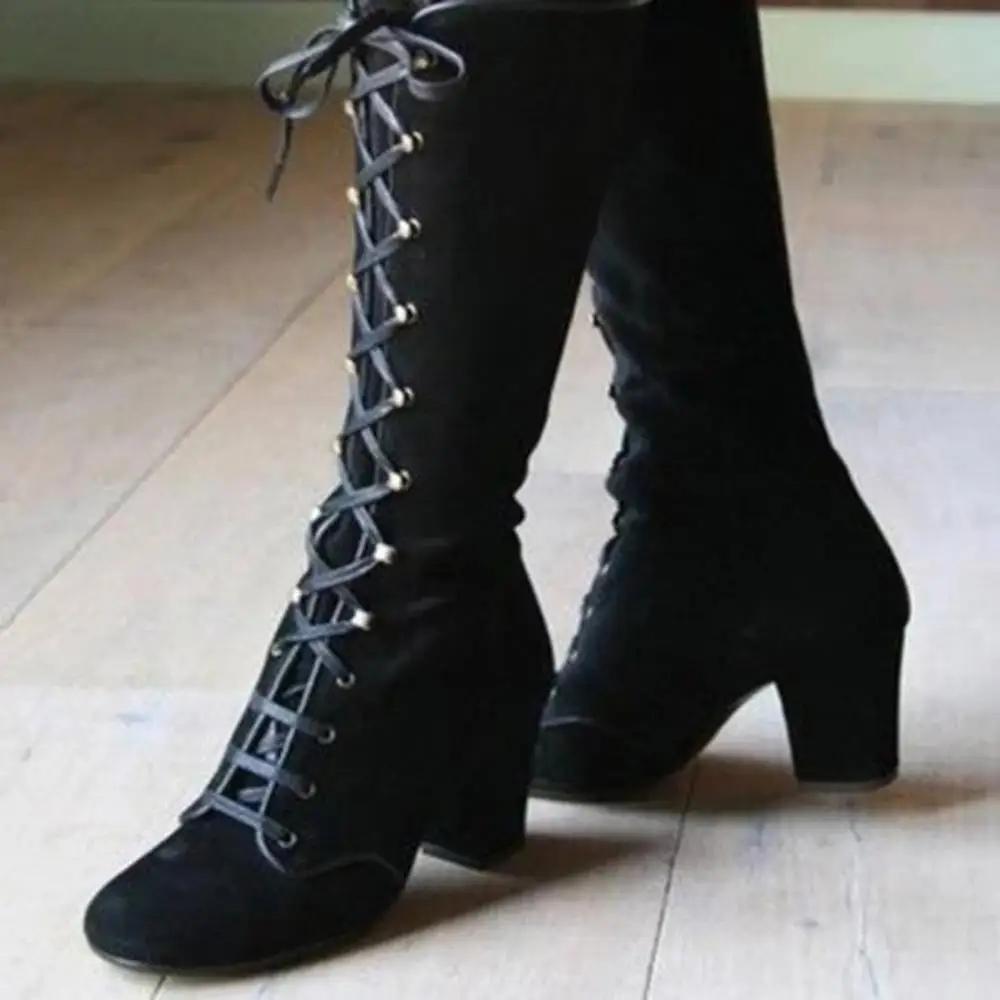 

2026 Black boots women Shoes knee high Women Casual Vintage Retro Mid-Calf Boots Lace Up Thick Heels Shoes 35 чёрный