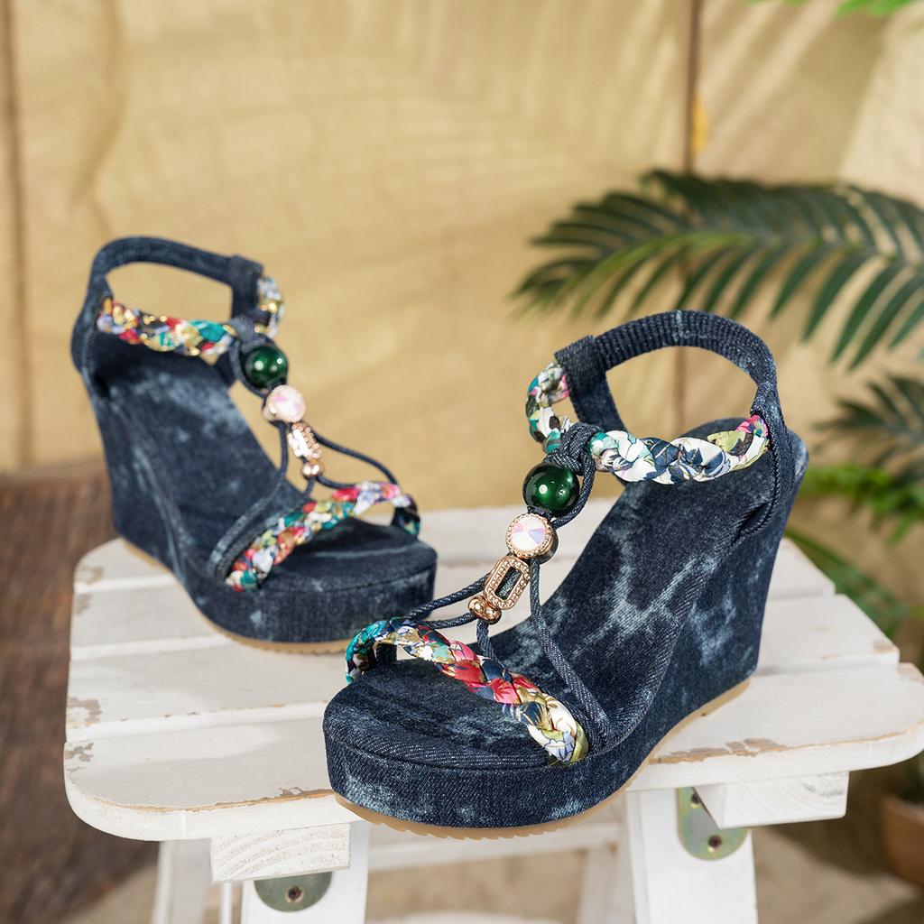 Fashion 2025 Rome Ladies Shoes Open Toe Women's Sandals Plus Size Casual Sandals Women Print Elastic Band High Wedges Shoes Female