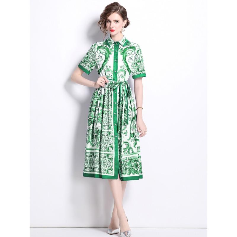 

Summer Vintage Designer Print Runway Dress Women Fashion Short Sleeve Single Breasted Shirt Party Lace-up Dresses XXL зелений