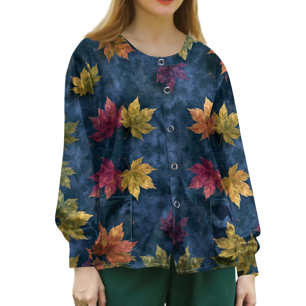 Women's Casual Long Sleeve Leaf Floral Print Single-Breasted Cardigan for Caregivers