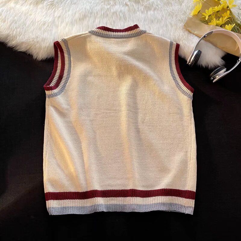 Damen College-Stil Strickweste Student Ärmellos V-Ausschnitt Gestrickte Westen Damen Winter Locker Vielseitig Pullover Tops