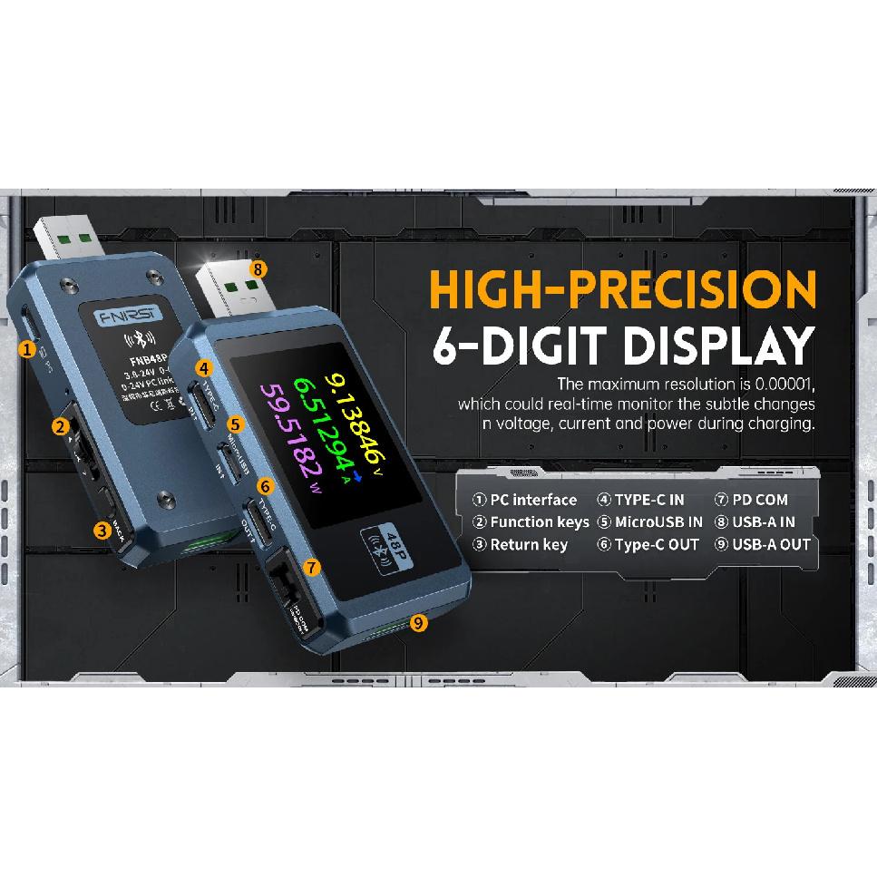 FNIRSI FNB48P USB-tester Voltmeter Amperemeter TYPE-C Hurtiglading Deteksjon Utløser Kapasitet Bølgemåling med CNC Metallkappe