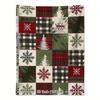 1pc Christmas Patchwork Throw Red & Green Snowflake/Tartan Squares, Cozy Flannel Blanket for Sofa Decor