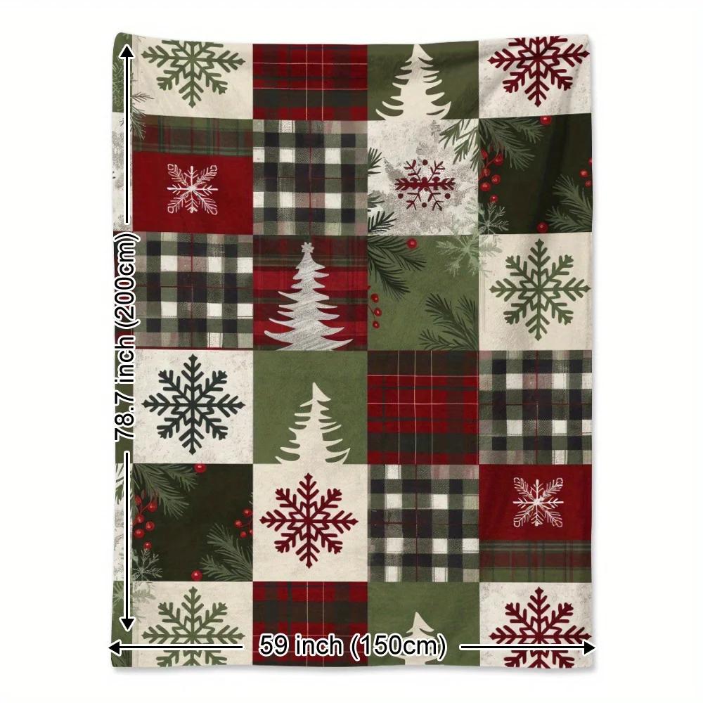 1pc Christmas Patchwork Throw Red & Green Snowflake/Tartan Squares, Cozy Flannel Blanket for Sofa Decor