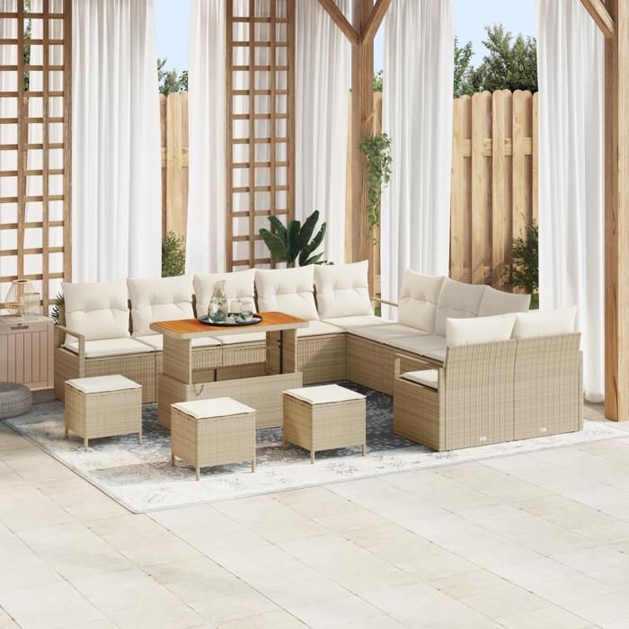 Set de canapé de jardin 14 pièces avec coussins Beige Rotin poly Acacia, Canapé de jardin 2 places avec rangement 3364541