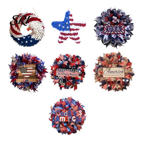 4th Of July Wreath Patriotic for Front Door Handmade of Hanger Red Reusable Holiday White Blue American Wooden Hanging Plaque Wall Porch Memorial Day