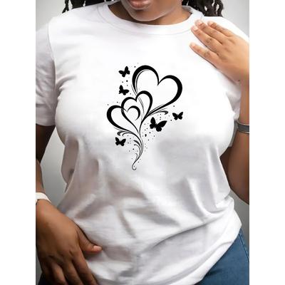 Europäische Größe Damen Kurzarm "Künstlerische Liebe und Fliegender Schmetterling" Bedrucktes Kurzarm-T-Shirt, Modisches Künstlerisches Outfit, Rundhals-Oberteil
