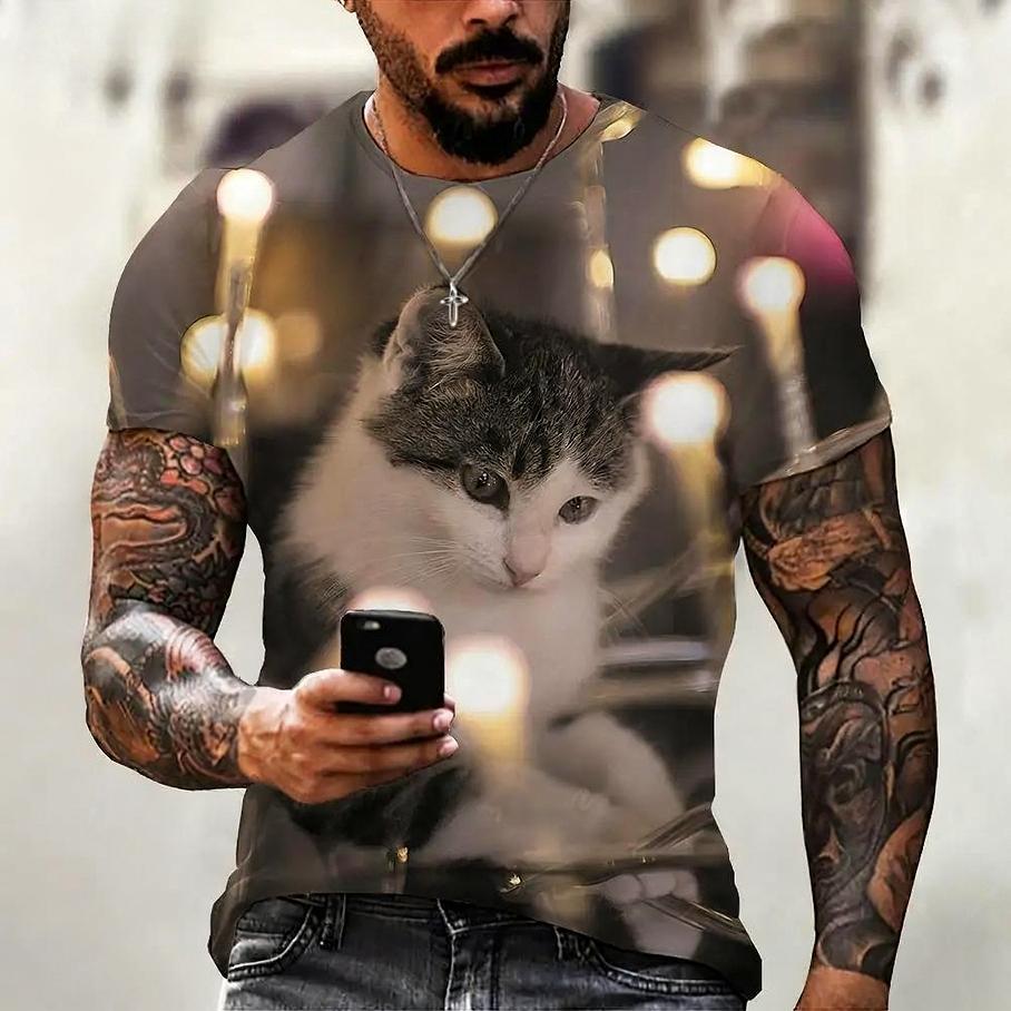 Summer Round Neck Animal Cat Pattern 3D Print Top Fashionable Casual Short Sleeved Men's T-shirts