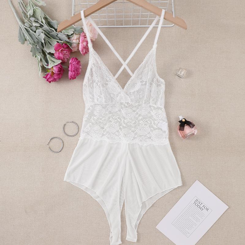 Women's Hollow Crotchless Bodysuit Slim Fit Mesh Lace Jumpsuit Bodysuit Summer Sexy Club Outfits Sleepwear Dress Women Lingerie