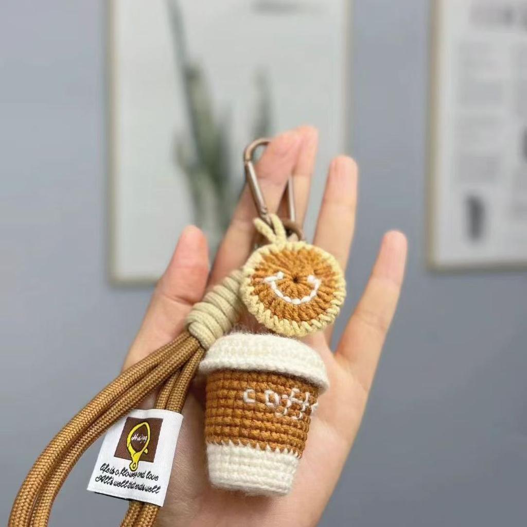 Finished Handmade Crocheted Smiling Coffee Cup Sporty Four Seasons Cufflinks Pendant Gift for Girls Bag Charm Ornament