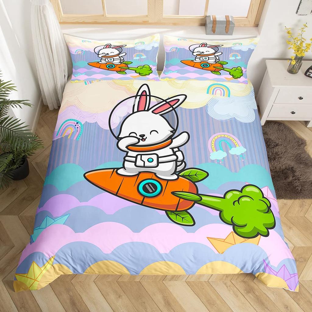 Cartoon Rabbit Duvet Cover Twin Cute Animal On The Moon Quilt Cover Microfiber Cloud Galaxy Space Bedding Set for Boy Girl Gift