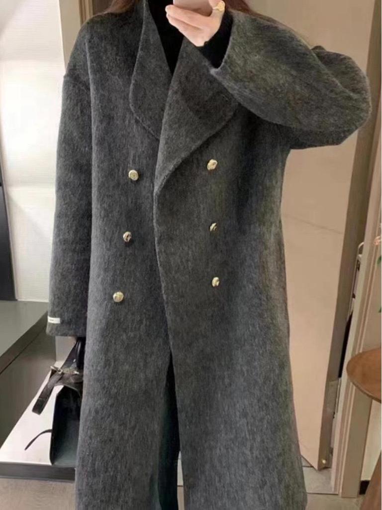 Korean High-Collar Gentle Gray Loose-Fit Wool Coat for Women - Autumn/Winter Fashion