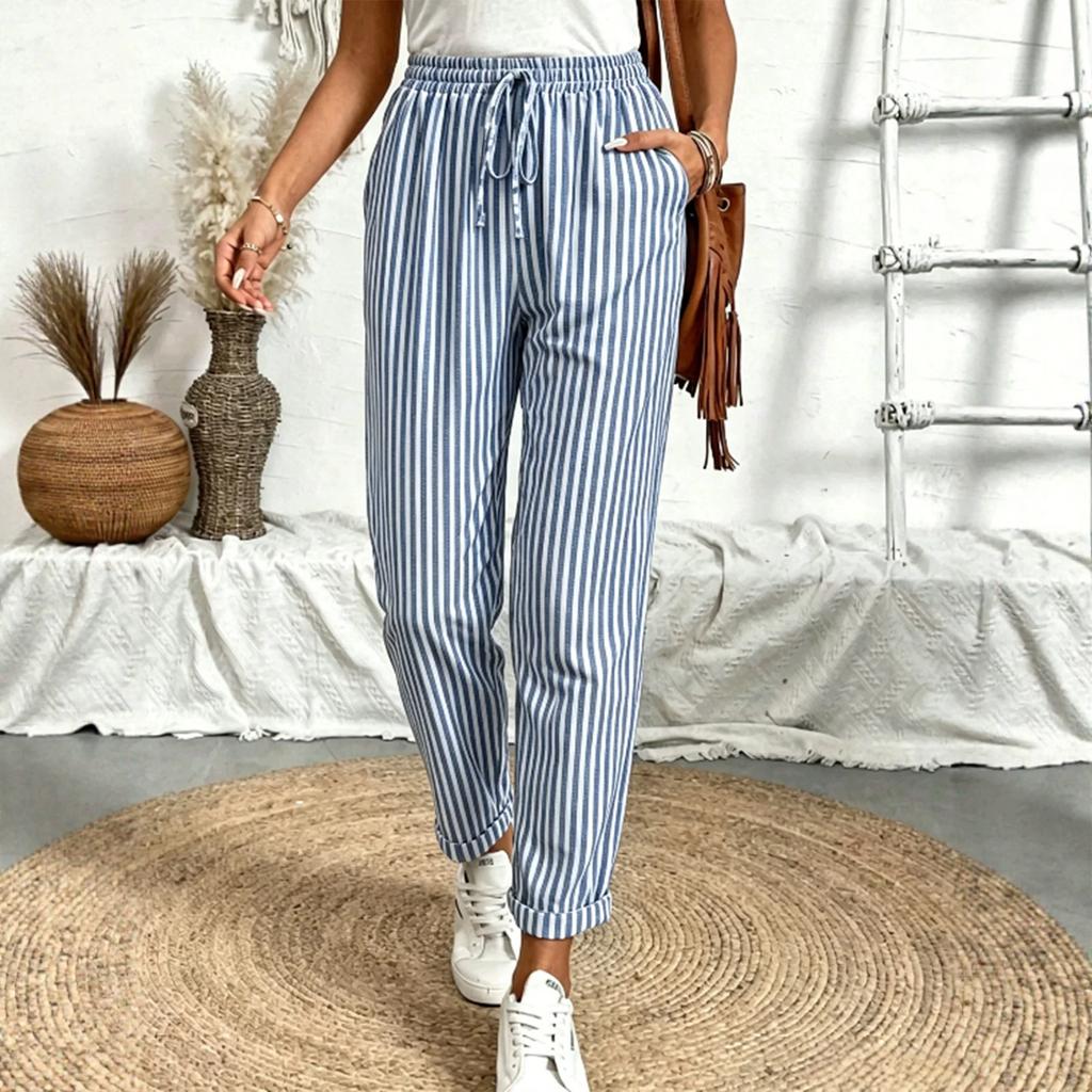 Women's Striped Drawstring Elastic Waist Casual Pants with Pockets Loose Fit