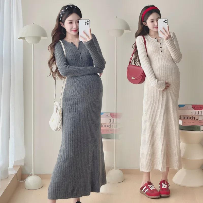"2024 French Stripe Knit Maternity Sweater Dress - Mid-Length, Ideal for Spring & Autumn"