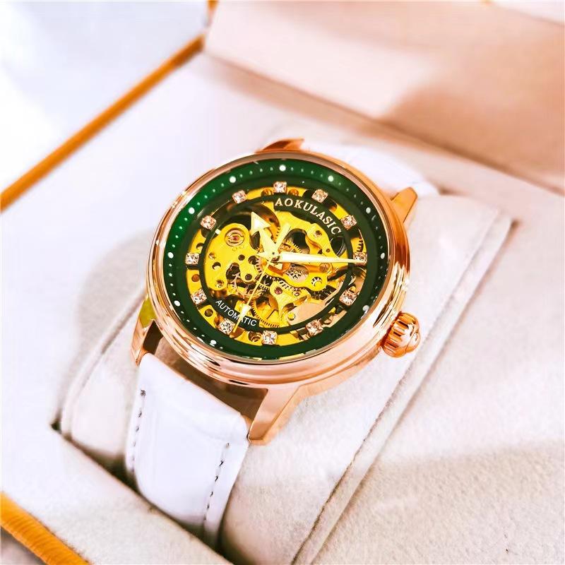 Orologio Meccanico Automatico Vuoto Incrostato di Diamanti Moda Donna Semplice Luminoso Impermeabile