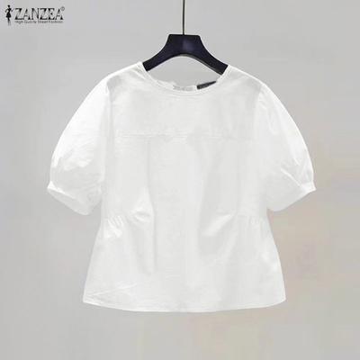 Blusa Casual Sólida de Manga Curta e Gola Redonda Feminina