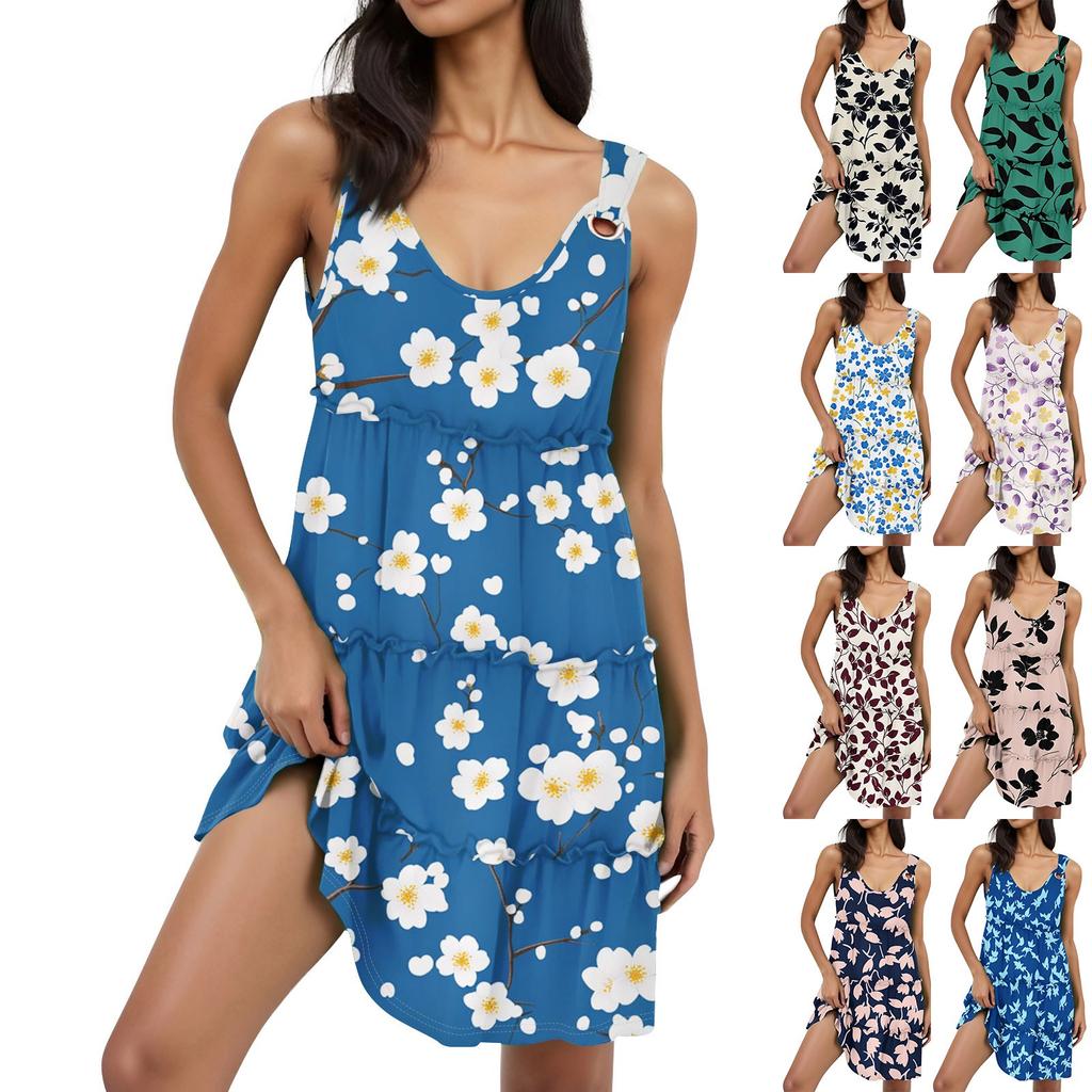 Women's Casual Fashion Bohemian Floral Print Beach Sleeveless Dress