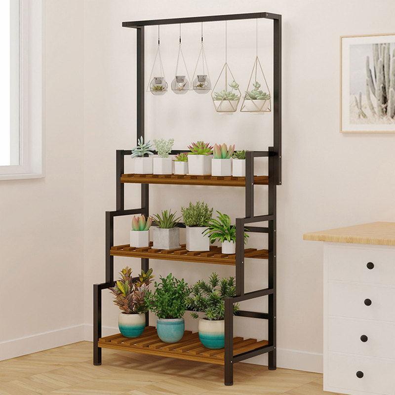 3-Layer Flower Rack with Hanging Basket Black Plant Stand Indoor Flower Display Pot Metal Shelves Plant Rack