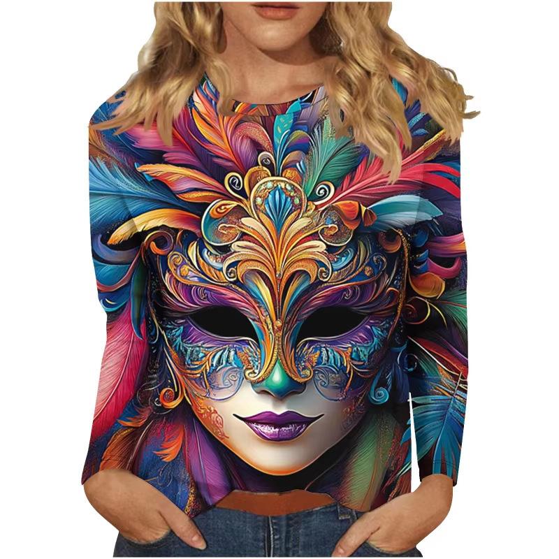3D Mardi Gras Mask Printed Top Casual Long Sleeved Women's T-shirts - Soft Medium Stretch Polyester Fabric Spring and Autumn Relaxed Fit Clothing