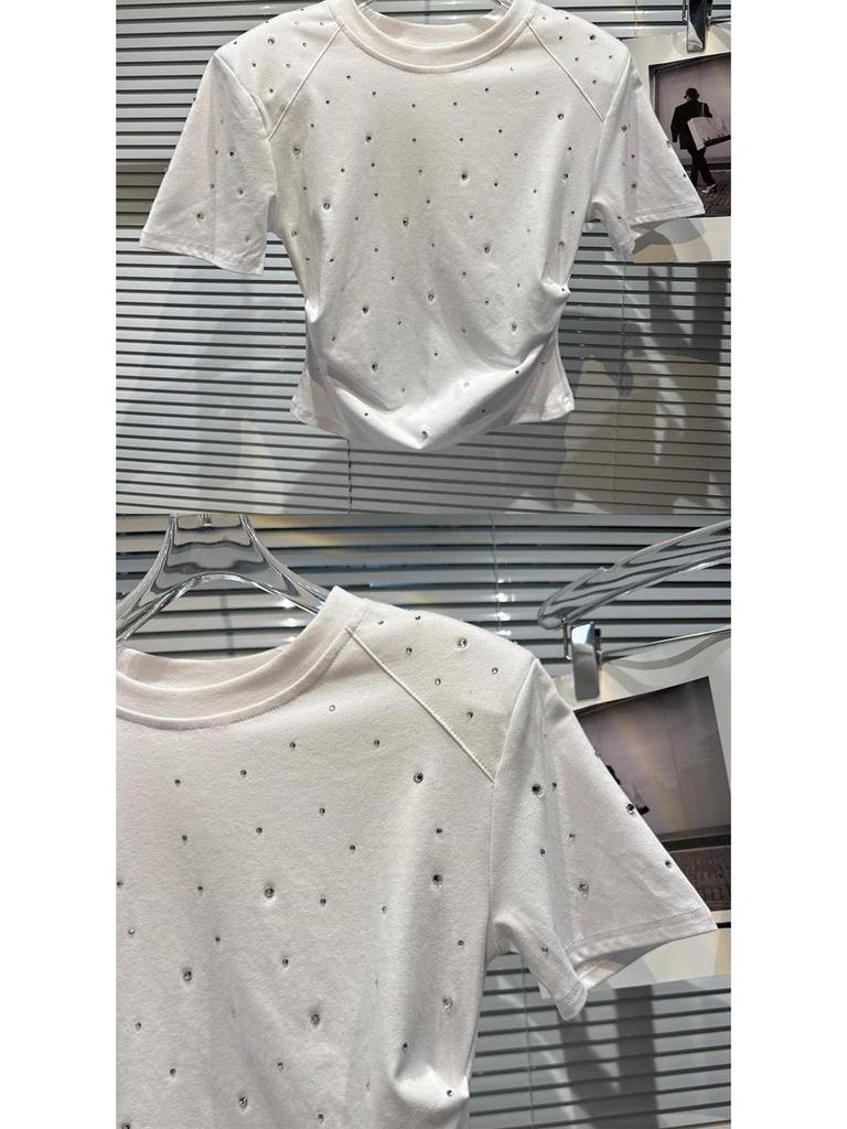 2025 Summer Rhinestone Padded Shoulder Crop T-Shirt